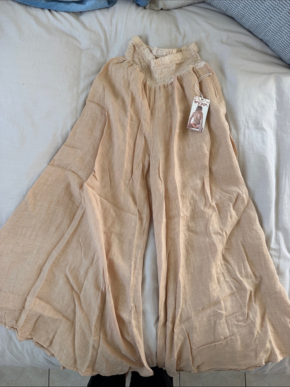 Smocked-Waist Wide Leg Pants in Light Beige